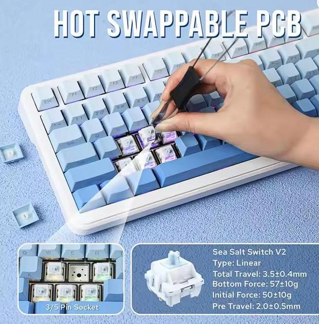 Клавіатура ігрова Ajazz Ak820 MAX бездротова механічна із RGB підсвічуванням з підтримкою HOT-SWAP Sea Salt - фото 5 Клавіатура ігрова Ajazz Ak820 MAX бездротова механічна із RGB підсвічуванням з підтримкою HOT-SWAP Sea Salt - фото 5