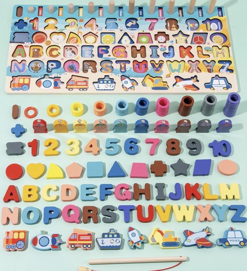 Обучающий планшет для изучения цифр форм алфавита и цветов деревянный