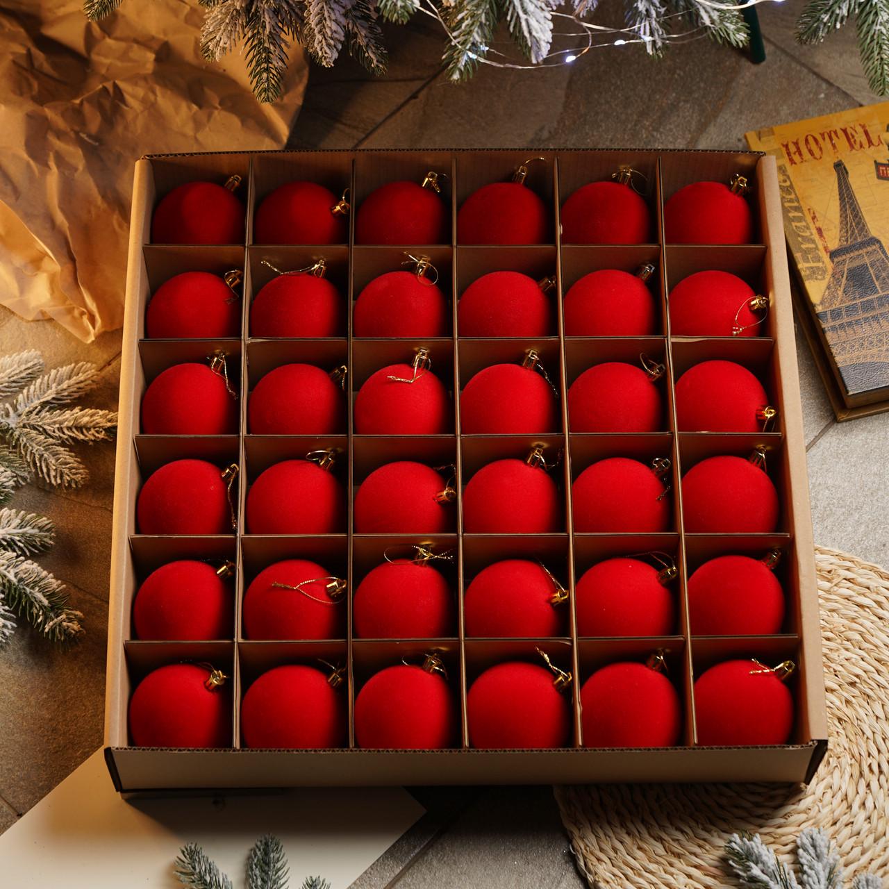 Набор новогодних шаров Бархат D-8 см 18 шт. Красный - фото 1 Набор новогодних шаров Бархат D-8 см 18 шт. Красный - фото 1