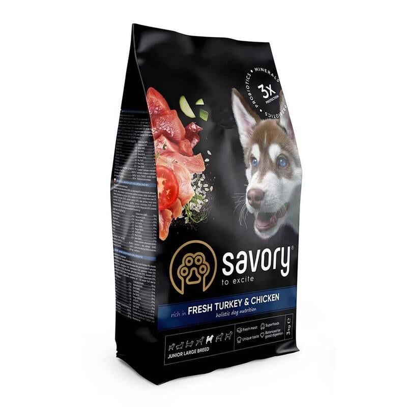 Корм для цуценят великих порід сухий Savory Junior Large Breed Fresh Turkey & Chicken з індичкою та куркою 12 кг (30211)