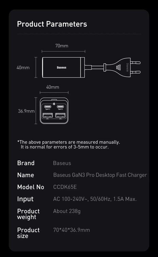 Зарядний пристрій Baseus GaN Pro 65W PD/QС Black (CCDK65E) - фото 19