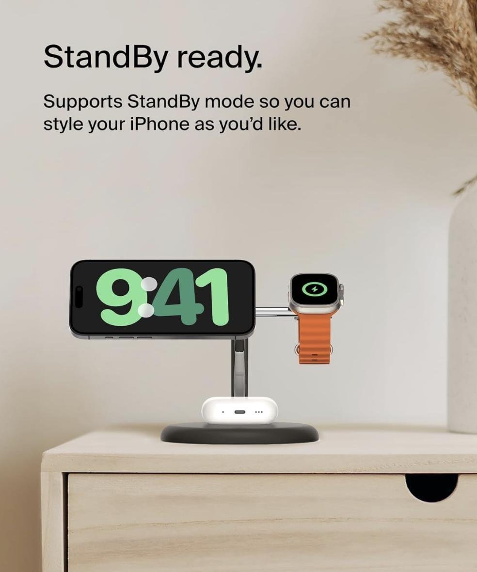 Бездротовий зарядний пристрій Belkin BoostCharge Pro 3-in-1 Magnetic Stand with Qi2 15W Black (WIZ023ttBK) - фото 8 Бездротовий зарядний пристрій Belkin BoostCharge Pro 3-in-1 Magnetic Stand with Qi2 15W Black (WIZ023ttBK) - фото 8