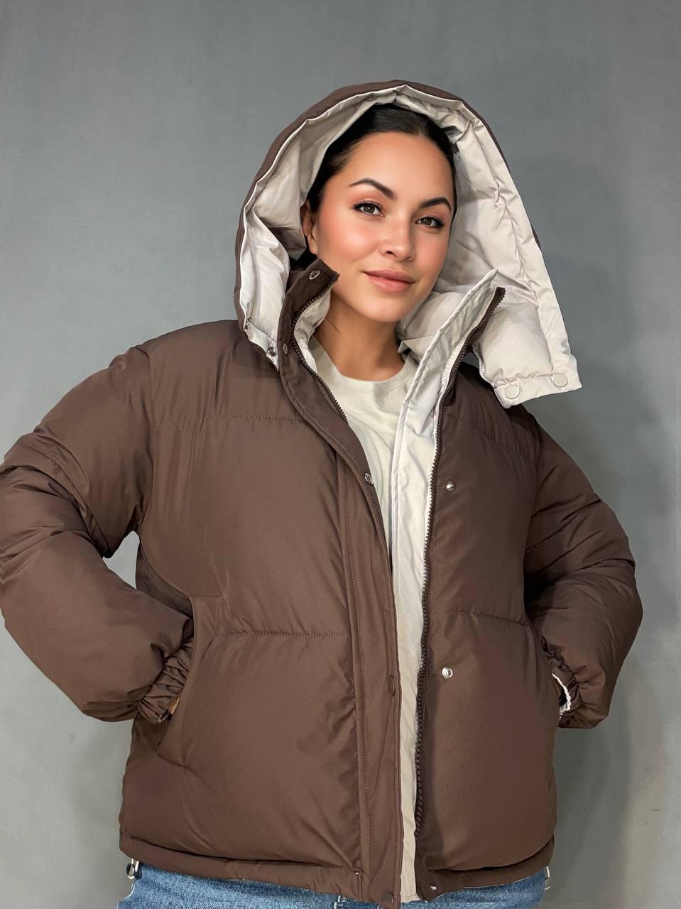 Куртка жіноча Fashions 87257 двостороння пуффер з капюшоном Коричневий з бежевим L (6282) - фото 4