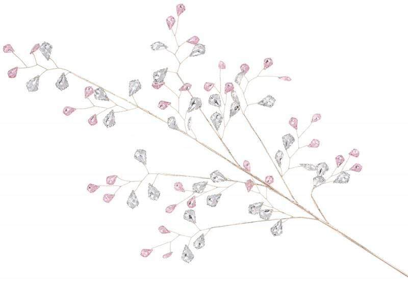 Веточка новогодняя CR8-33 с акриловыми камнями Серебристый с розовым