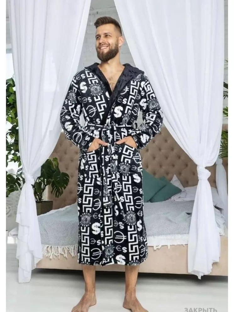 Халат мужской махровый с капюшоном 3XL Черно-белый (Д-am-m-halat-008-03)