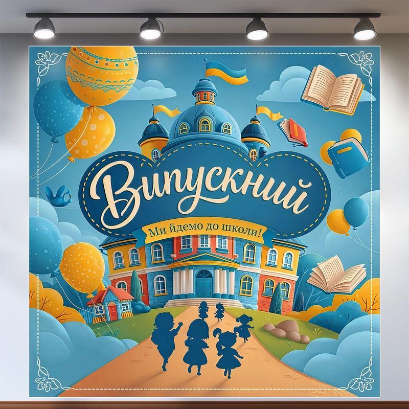 Баннер для фотозоны "Випускний Ми йдемо до школи" со зданием школы и силуэтами детей 200х200 см Баннер для фотозоны "Випускний Ми йдемо до школи" со зданием школы и силуэтами детей 200х200 см
