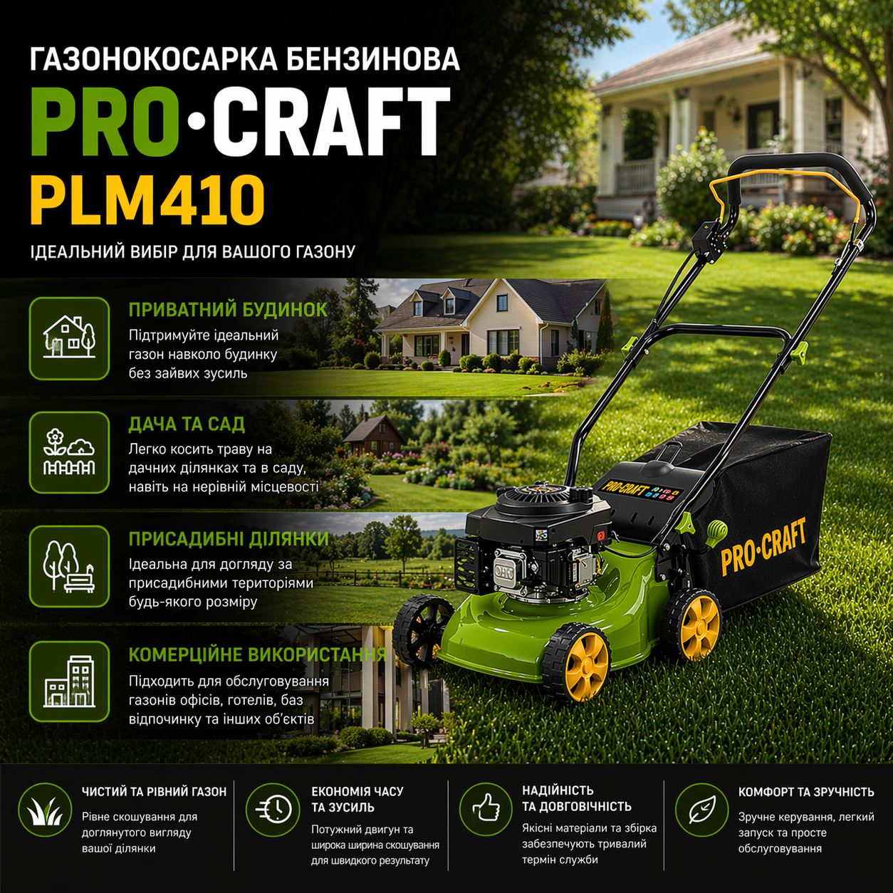 ᐉ Газонокосилка бензиновая Procraft PLM410 1600 Вт 70 см 40 л