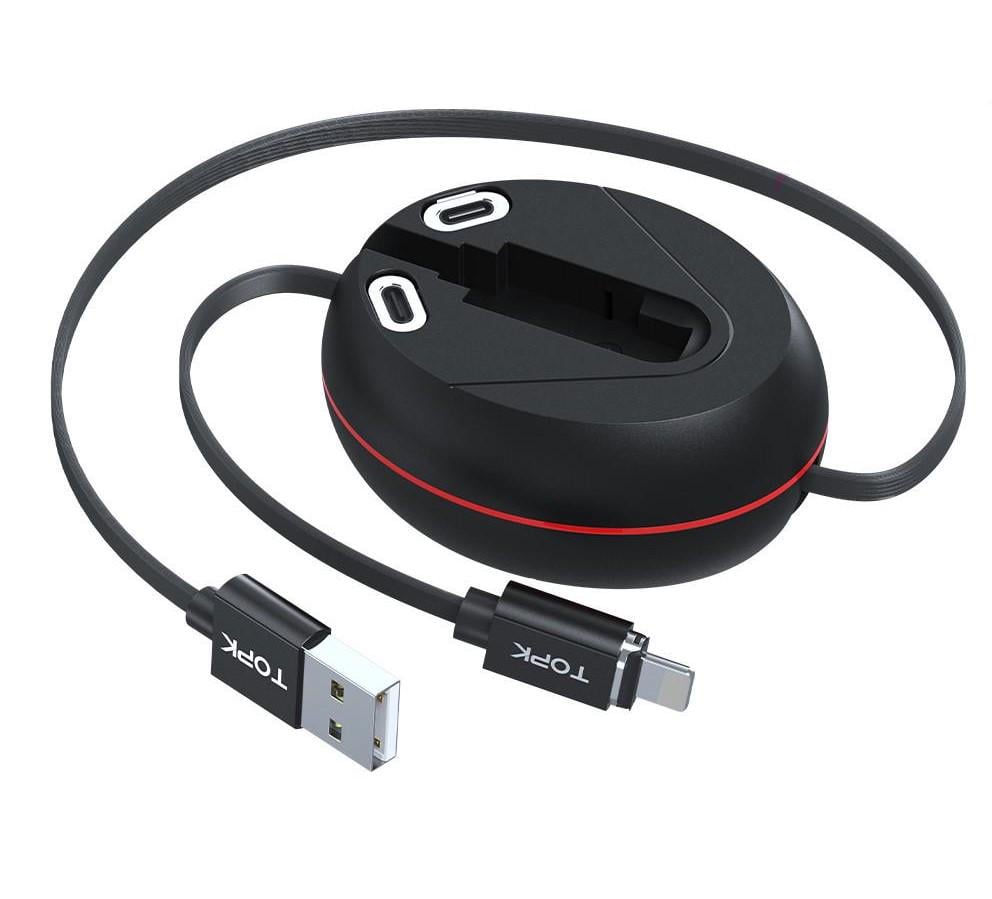 Кабель-рулетка магнітний Topk AM71 3в1 microUSB/Type-C/Lightning Black (3133074) - фото 1