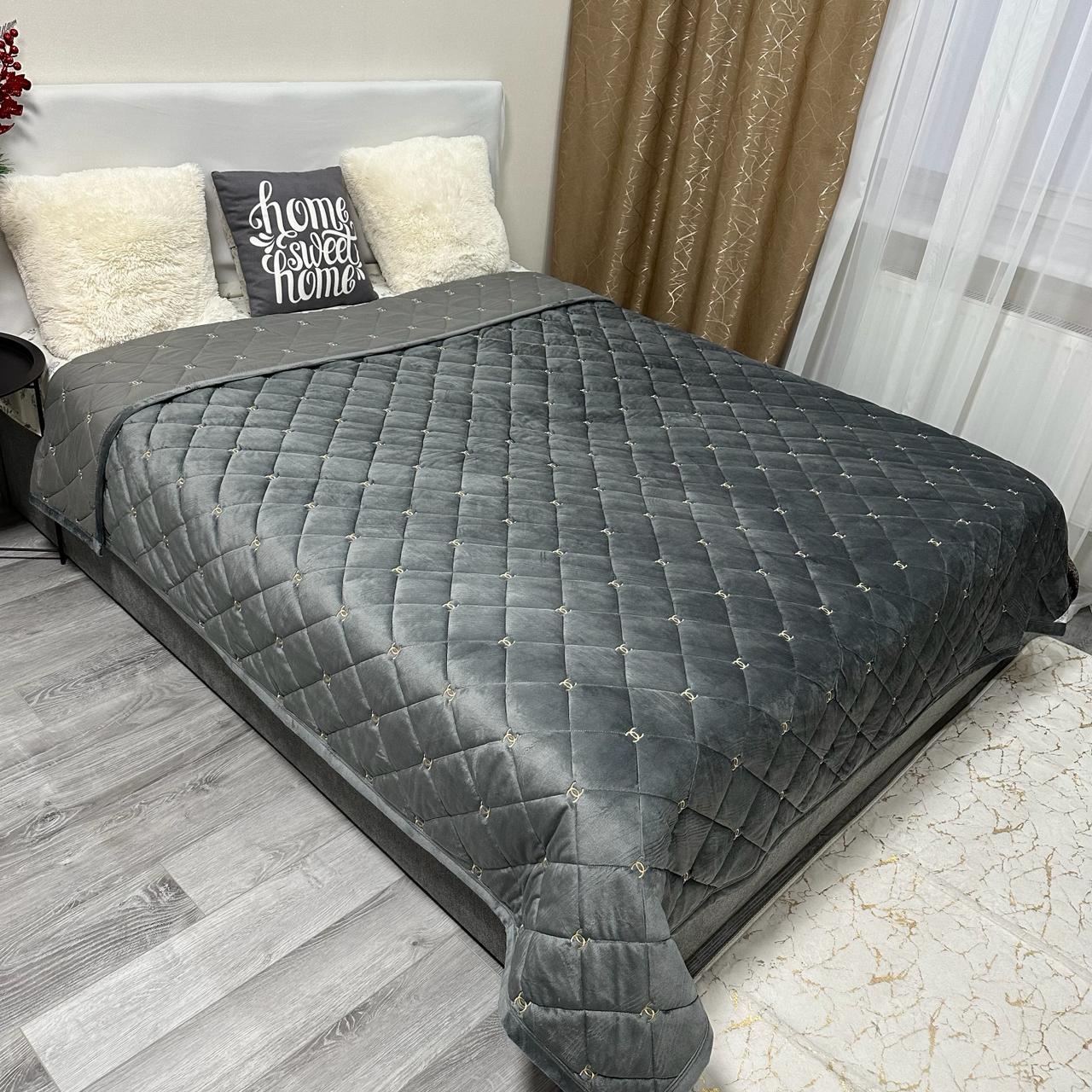 Покривало на ліжко велюрове полуторне 150x210 см Графітовий (28821669) - фото 1