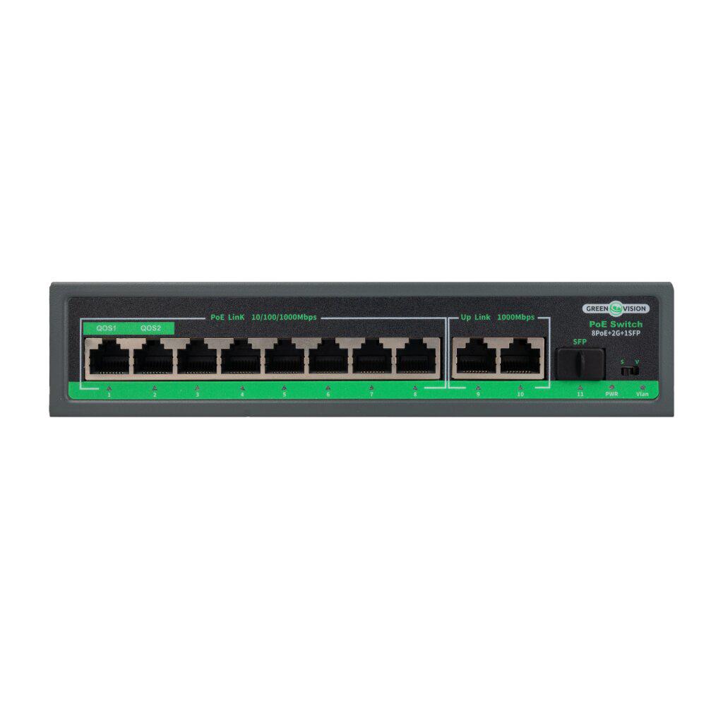 Коммутатор сетевой POE GreenVision GV-018-D-08G+2PG+1SFP Черный (25172969)