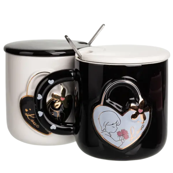 Чашки парные для горячих напитков Love из порциляна с крышкой и ложкой 400 мл Черно-белый (147-107-FM-33)