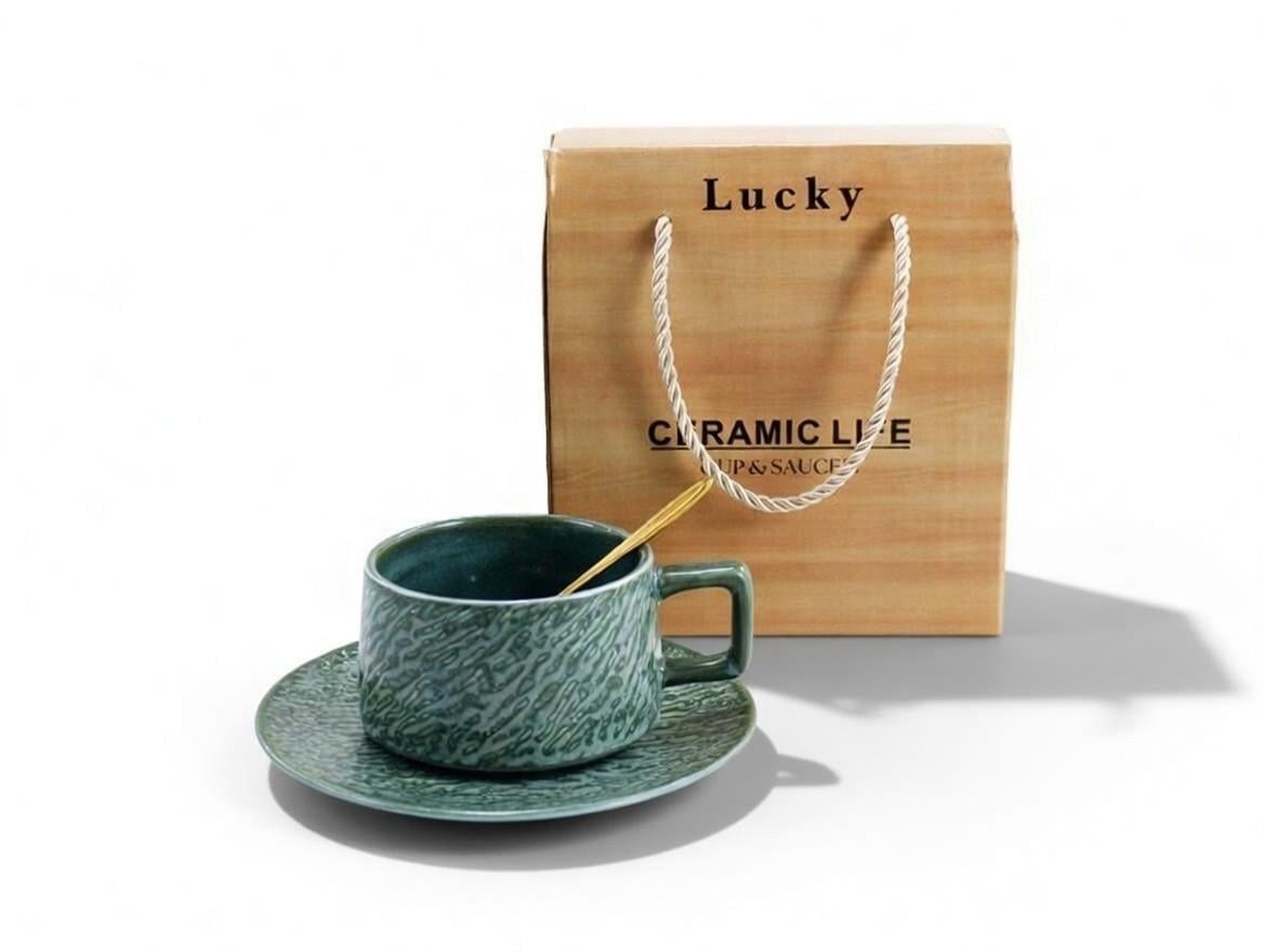 Набір чайний порцеляна Interos чашка з блюдцем 200 мл Зелений (25068)