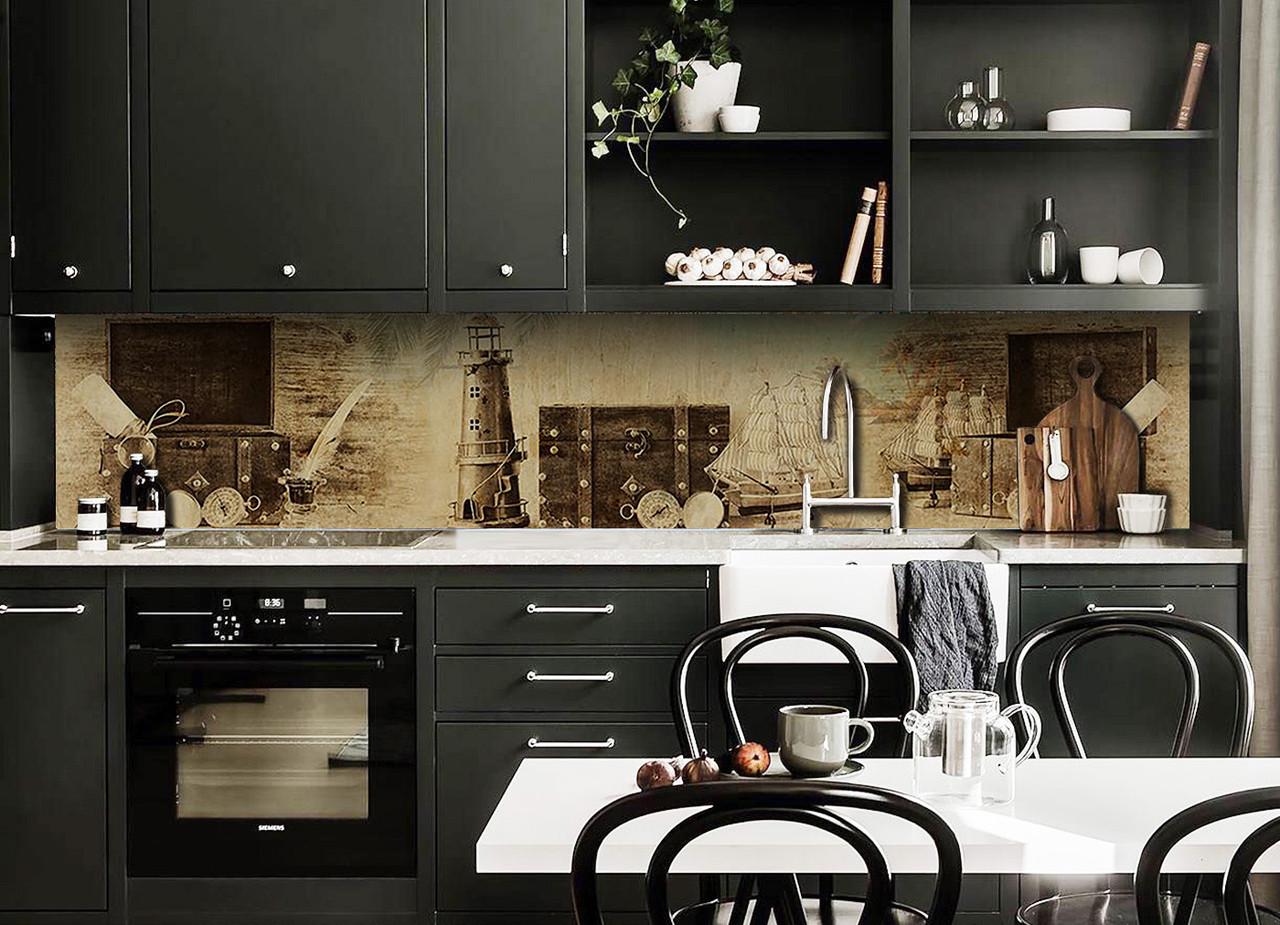 Кухонный фартук Маяк и чемодан из самоклеящейся виниловой пленки 60х300 см Бежевый