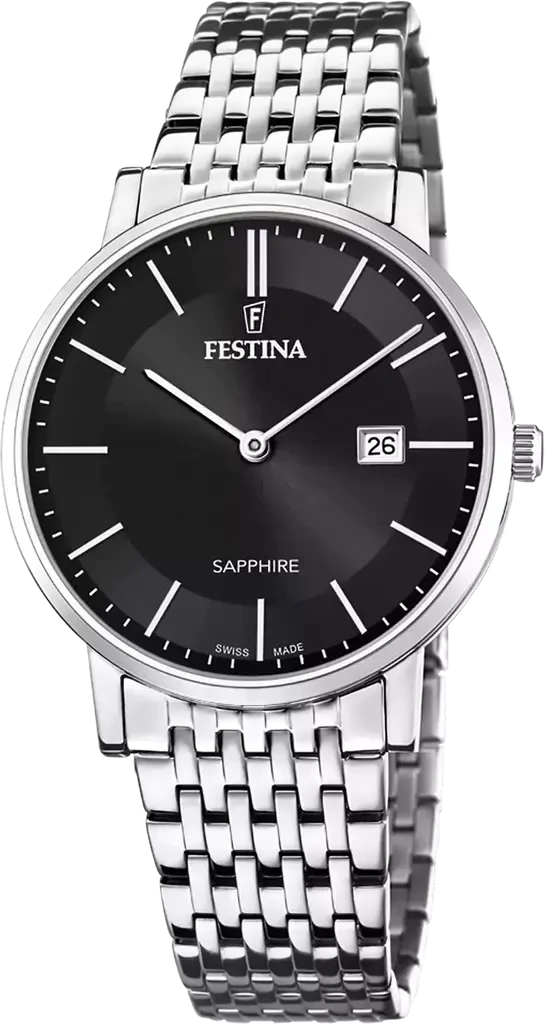 Наручные часы мужские Festina F20018/3 Classics Swiss Made со стальным корпусом/сапфировым стеклом WR 50 м и черным циферблатом