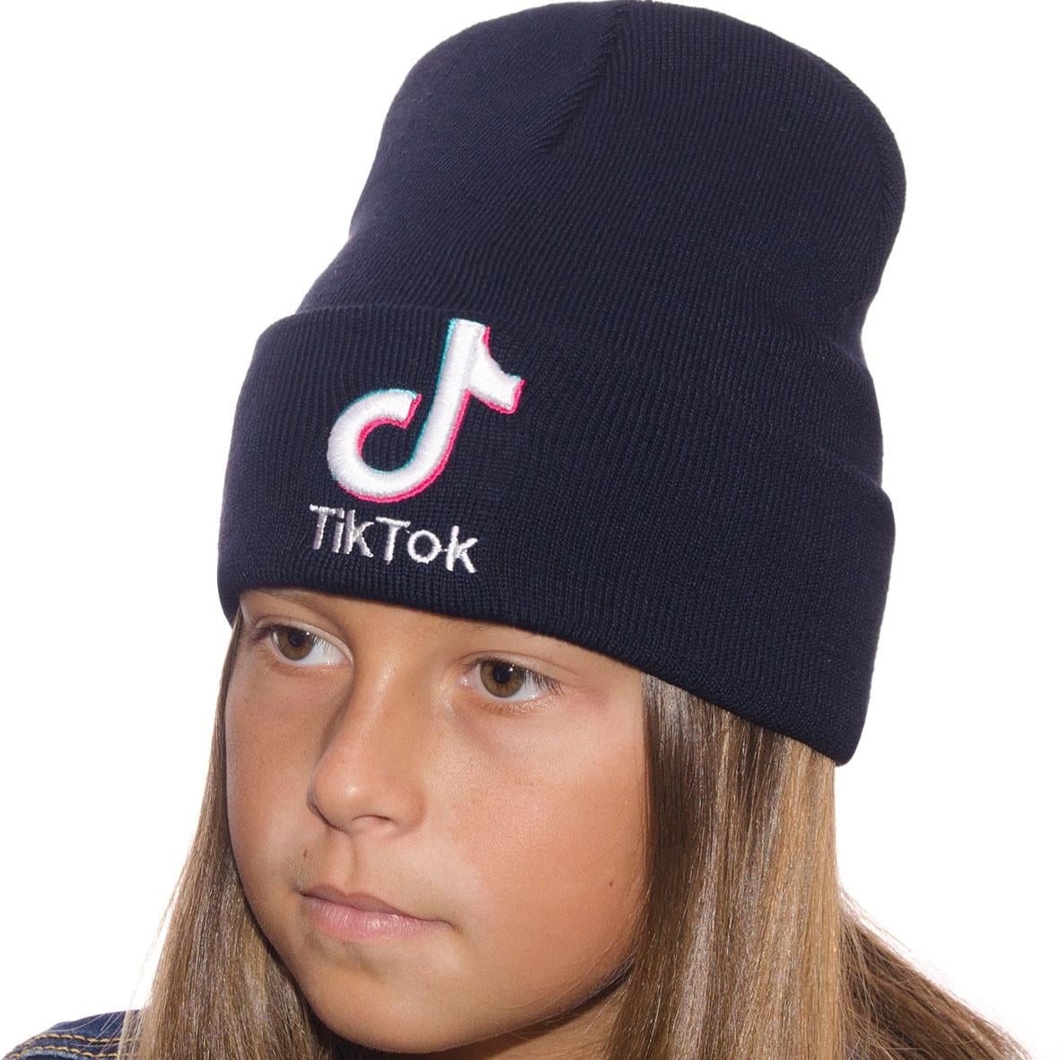 Шапка детская бини двойная LD20032 на манжете с вышивкой Tik Tok S/53-54 см Темно-синий (66583)