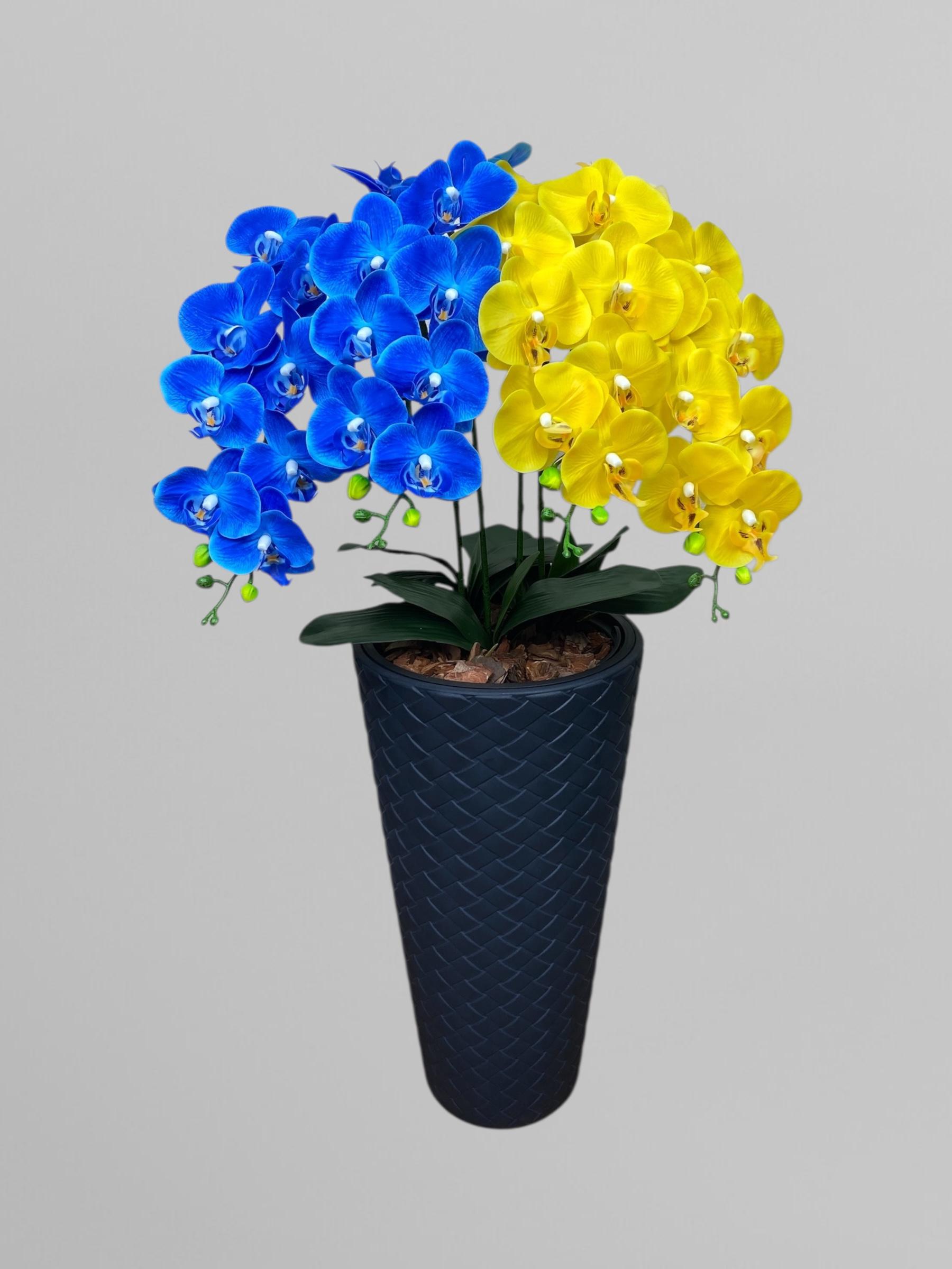 Композиция напольная из латексных орхидей на 4 веточки в пластиковом кашпо 110 см Желто-голубой (А295)