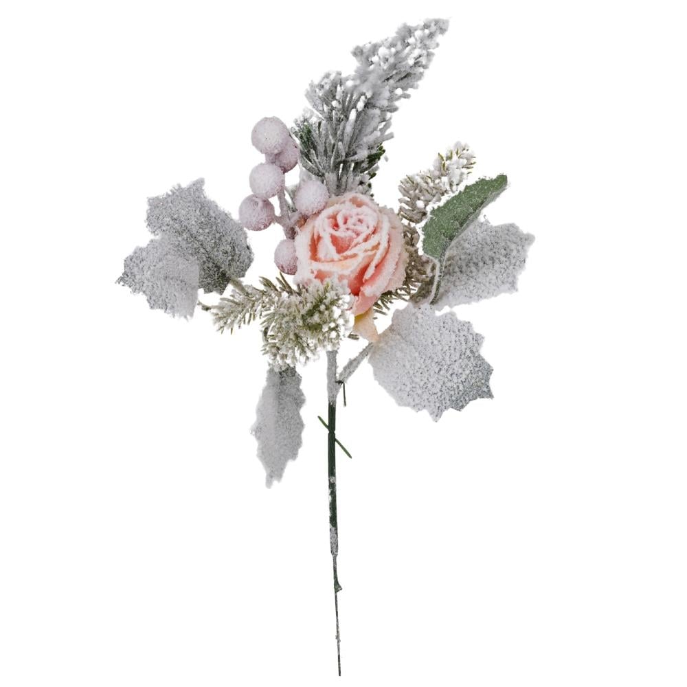 Веточка новогодняя Роза в снегу 30 см 4 шт. Розовый (9171-008)