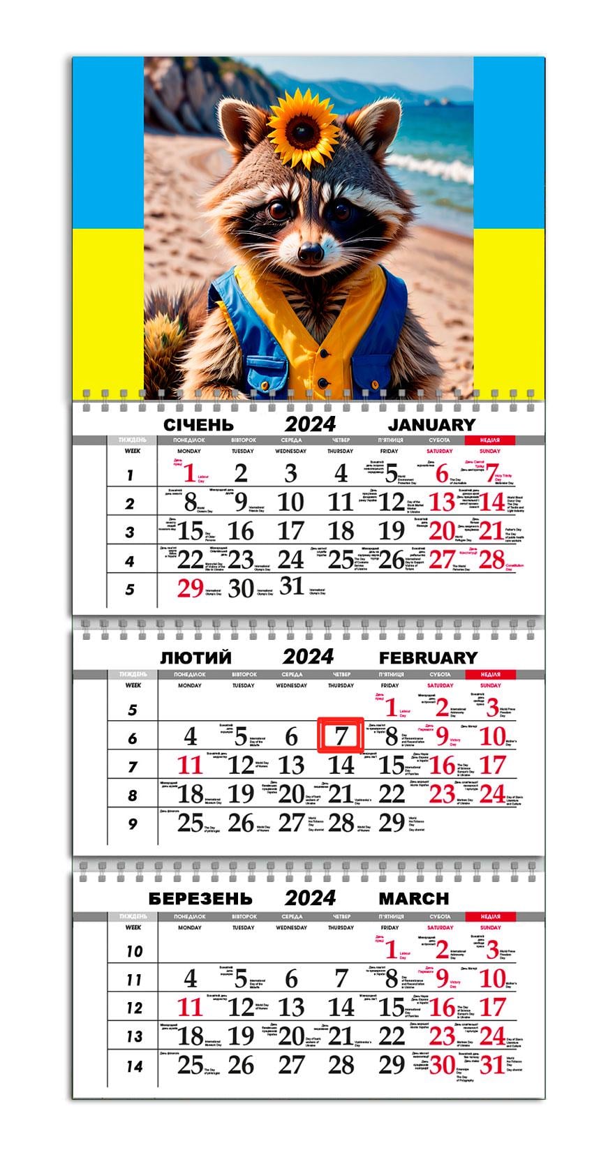 Календарь квартальный на 2024 год APRIORI Енот Бодя 30х61 см (UA2315)