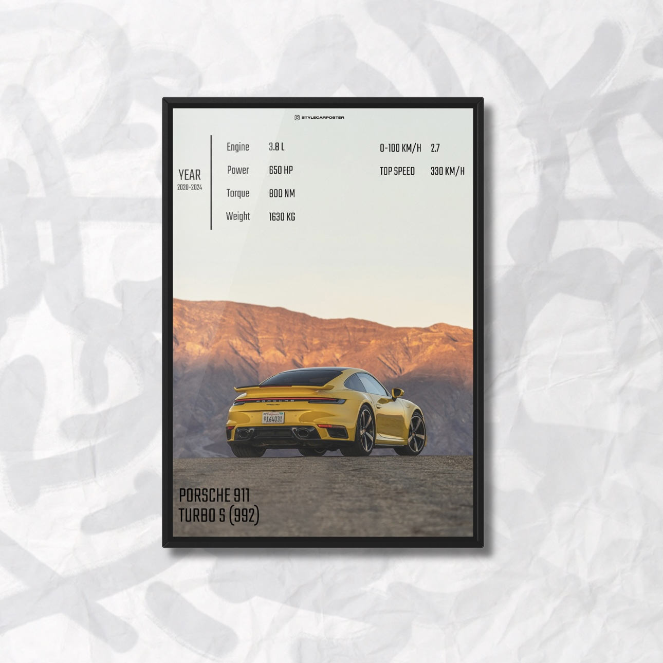 Картина с авто Porsche 911 Turbo S 992 желтый задняя часть дизайн Club Sport А5 210х148 мм (PR0073)