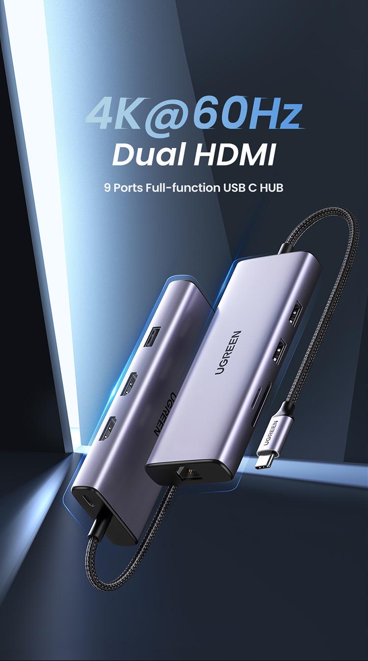 USB-хаб UGREEN Type-C-2x USB 3.0/5 Гбіт/с 2x HDMI 4K 60Hz/USB 2.0 480 Мбіт/с RJ45 1 Гбіт/с SD/TF карти Type-C PD 60W USB-C Сірий (90119) - фото 2 USB-хаб UGREEN Type-C-2x USB 3.0/5 Гбіт/с 2x HDMI 4K 60Hz/USB 2.0 480 Мбіт/с RJ45 1 Гбіт/с SD/TF карти Type-C PD 60W USB-C Сірий (90119) - фото 2