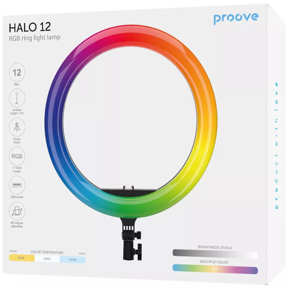 Лампа кольцевая Proove Halo 12" с триподом и пультом 17 режимов освещения RGB LED штатив 1,6 м (632001) - фото 5 Лампа кольцевая Proove Halo 12" с триподом и пультом 17 режимов освещения RGB LED штатив 1,6 м (632001) - фото 5