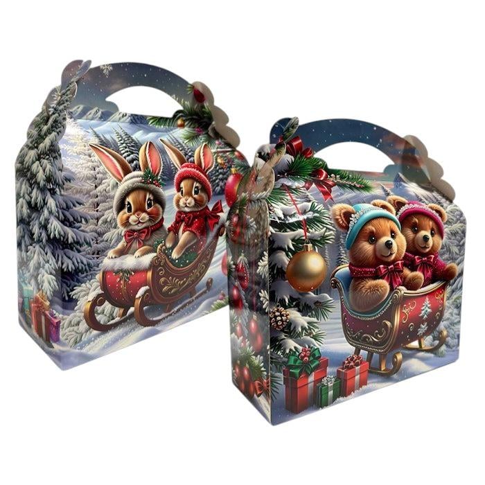 Набор картонных коробок Новогодние Зверята на санях самосборные для подарка 24х20х8 см 2 шт. (BT-2299)