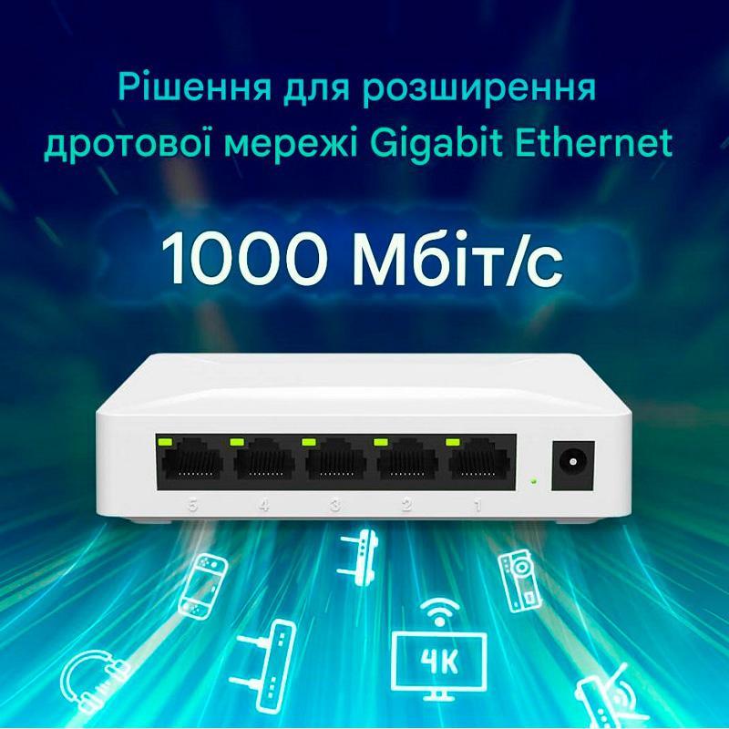 Коммутатор Desktop Switch GS05 5-портов 10/100/1000 Мбит/с Gigabit Ethernet White (150110) - фото 4 Коммутатор Desktop Switch GS05 5-портов 10/100/1000 Мбит/с Gigabit Ethernet White (150110) - фото 4