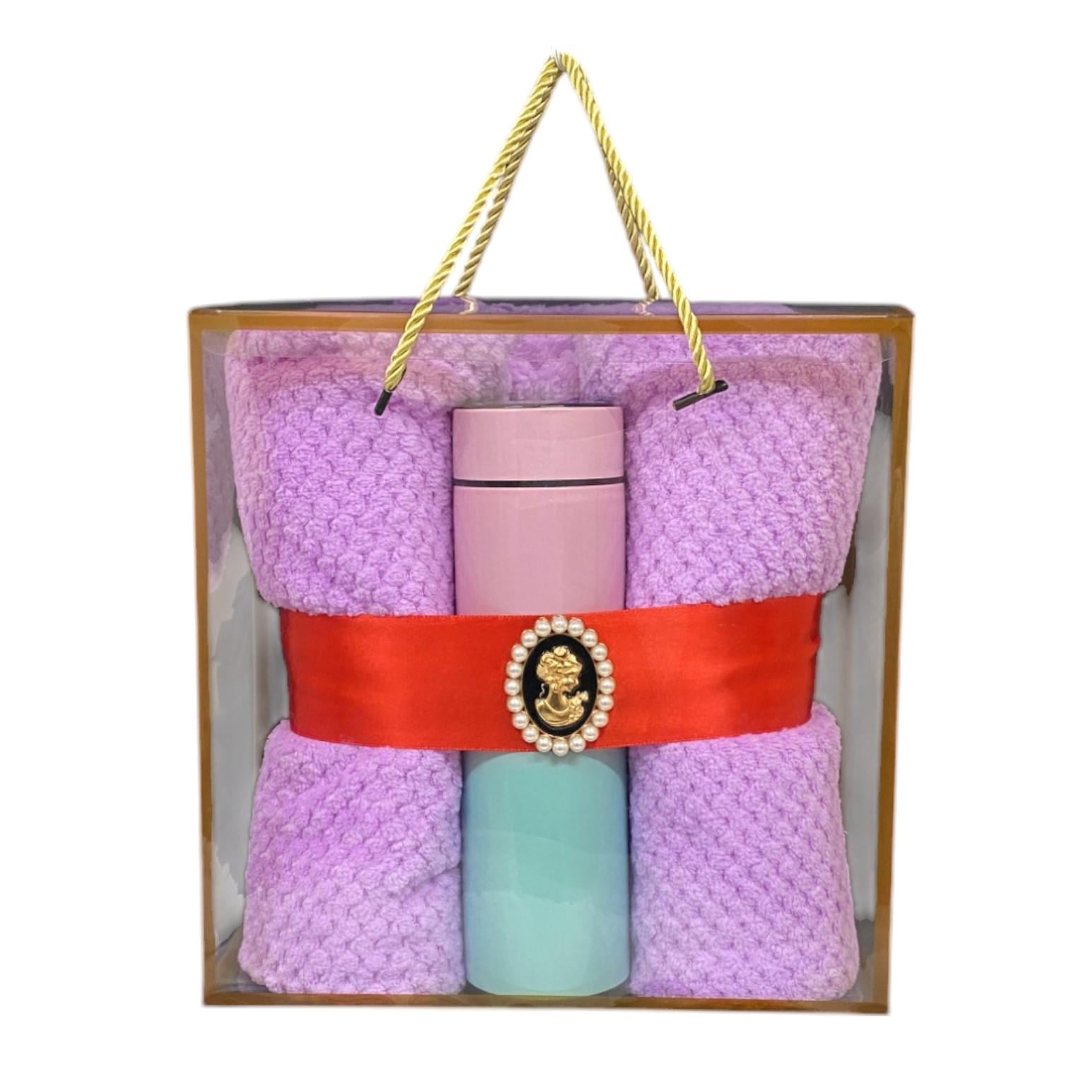 Подарочный набор термос и полотенце 70х140 см в подарочном пакете с красным бантом (8696-4)