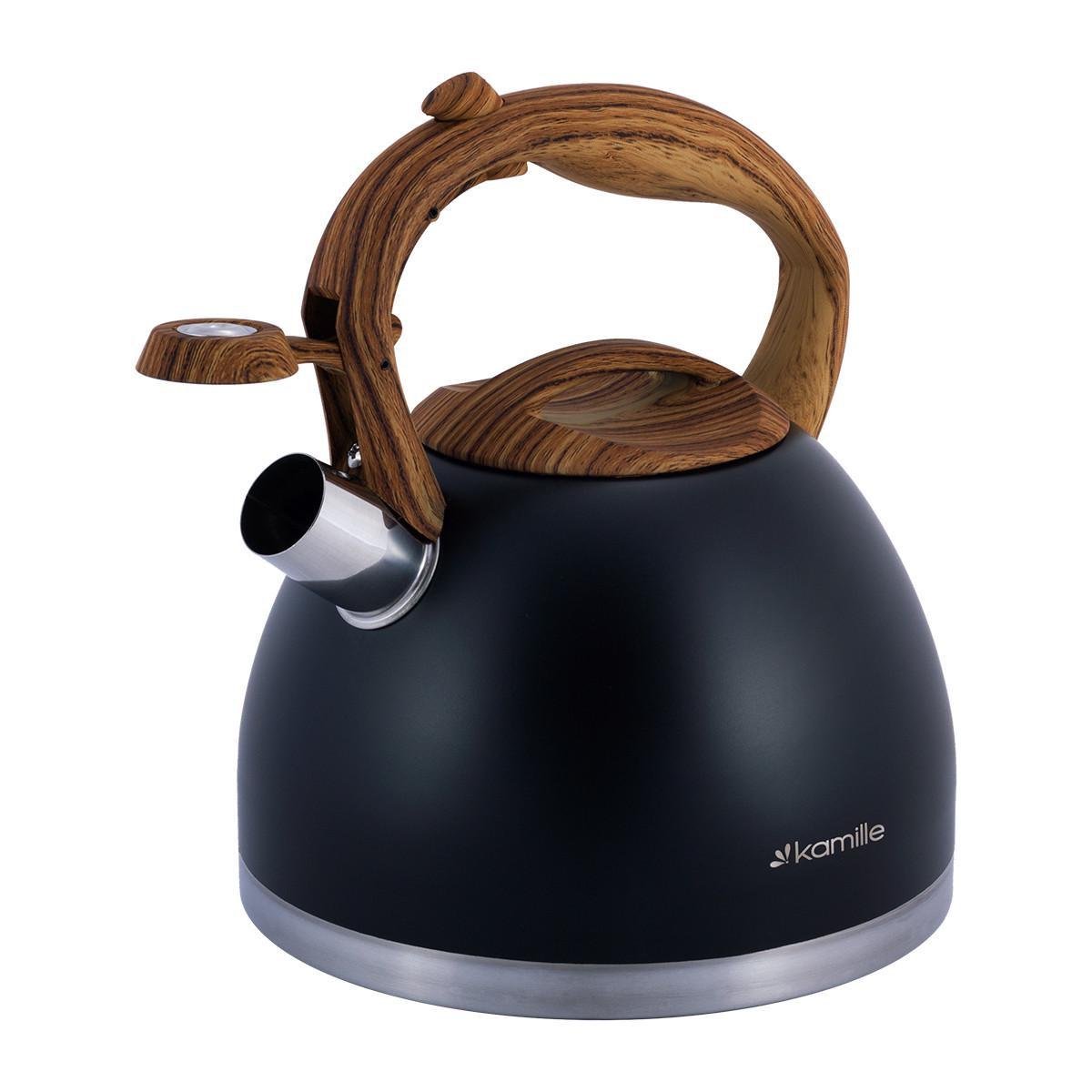 Чайник со свистком Kamille KM-1087 из нержавеющей стали и нейлоновой ручкой с покрытием soft-touch под дерево 2,7 л Черный (150-84-1087) - фото 2 Чайник со свистком Kamille KM-1087 из нержавеющей стали и нейлоновой ручкой с покрытием soft-touch под дерево 2,7 л Черный (150-84-1087) - фото 2