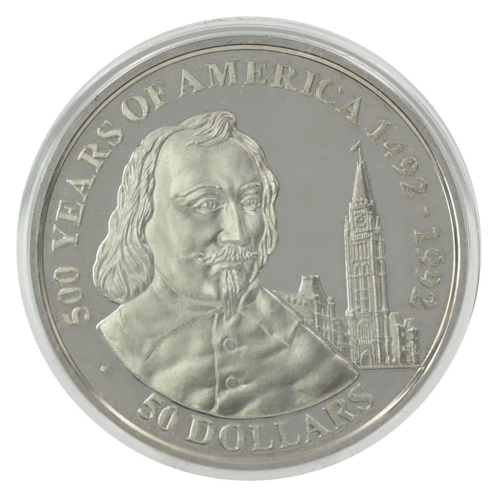Коллекционная монета Острова Кука 50 долларов 1990 серебро Proof 500 лет Открытие Америки-Самюэль де Шамплен (М22597)