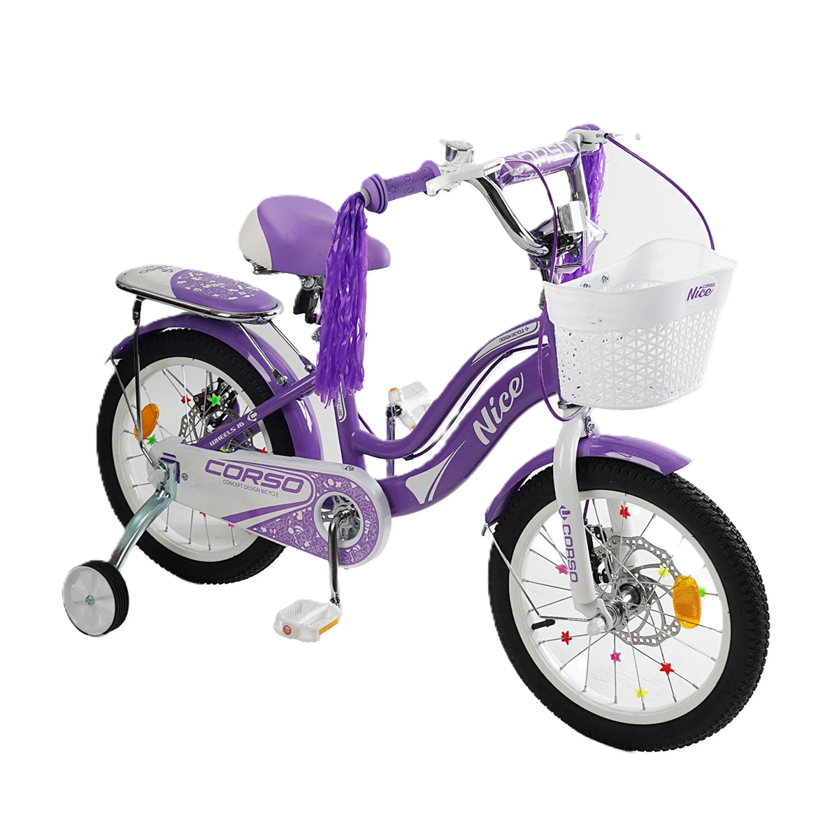 Детский велосипед двухколесный Corso Nice NC-16014/1 стальная рама/дисковые тормоза/дополнительные колеса/колокольчик/бутылка/корзина 16" (25409027)