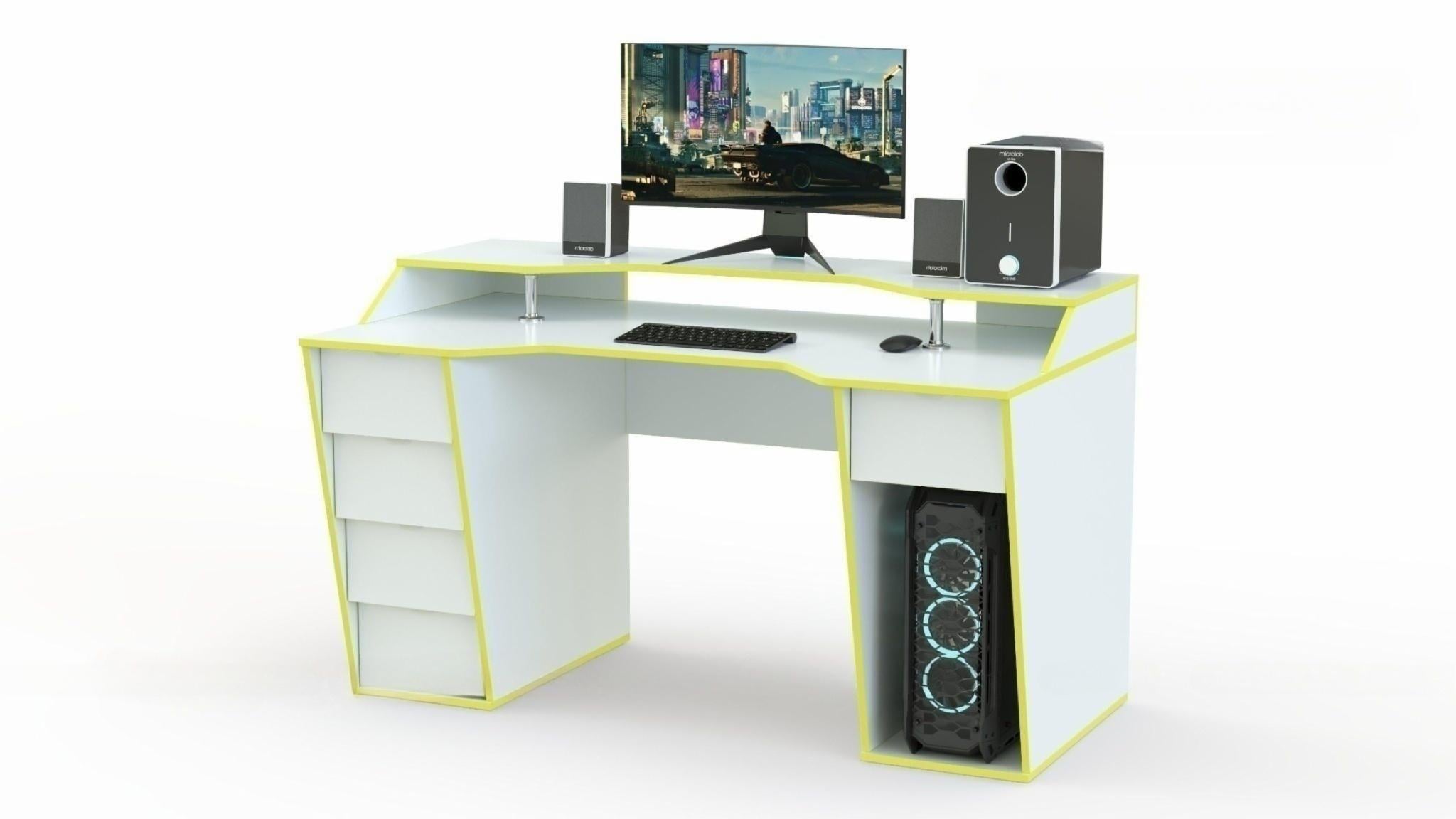 Геймерский стол COMFORT X1400 с надстройкой и ящиками Белый с желтым