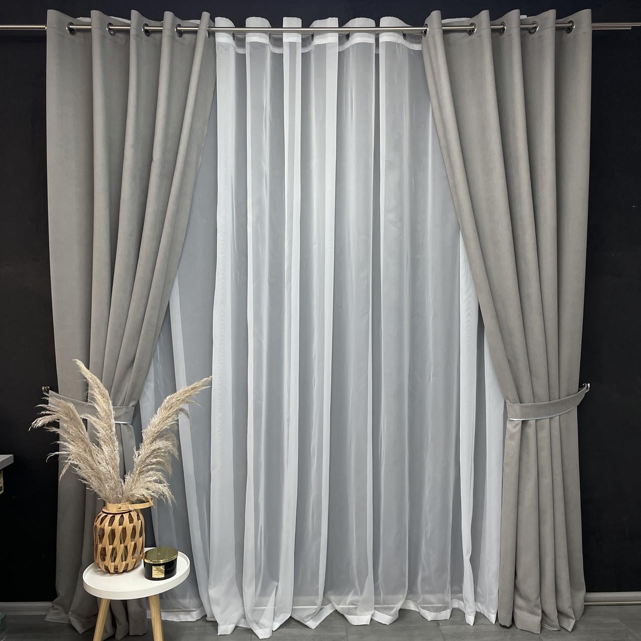 Шторы готовые однотонные из микровелюра на люверсах 200х270 см Серо-бежевый (SH2-Petek-211)