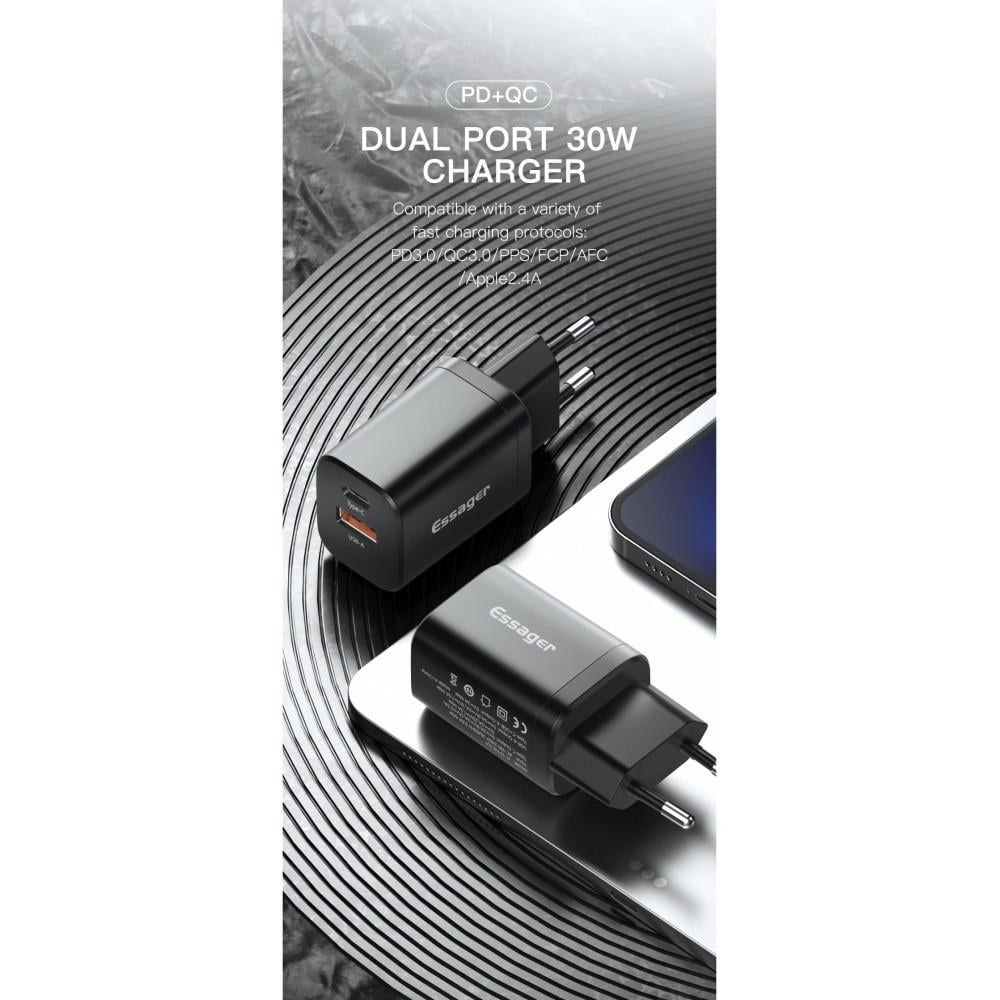 Зарядное устройство для сети Essager Quick Charger Type-C/USB 30W Black (25397428) - фото 6