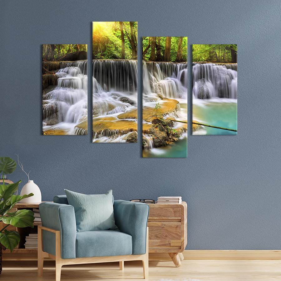 Модульна картина із чотирьох частин на холсті інтер'єрна картина Чарівний лісовий водоспад 149х106 см (578-42)