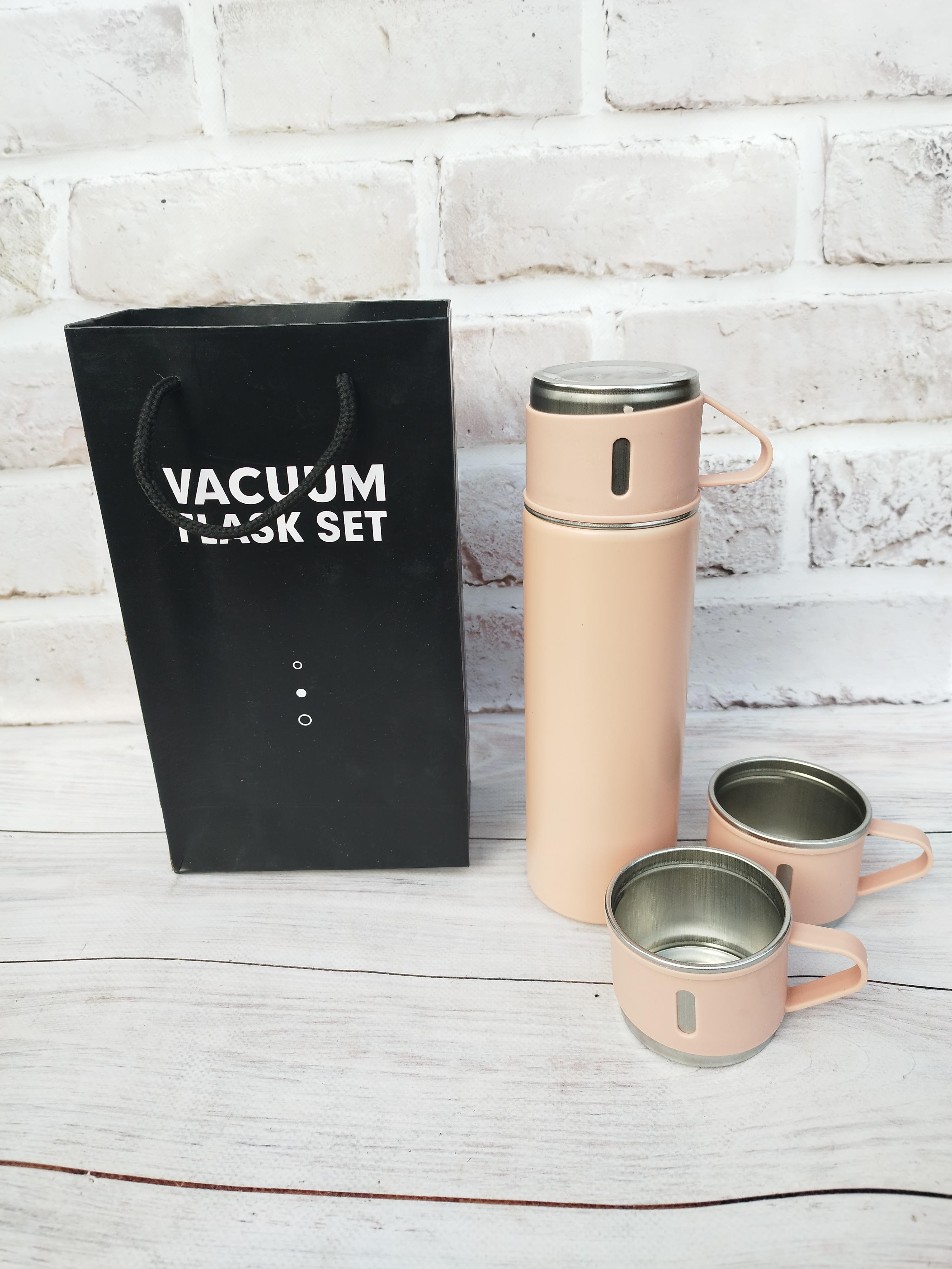 Термос Vacuum Bottle нержавеющая сталь с 3 кружками в подарочном пакете 500 мл Персиковый (23100977)