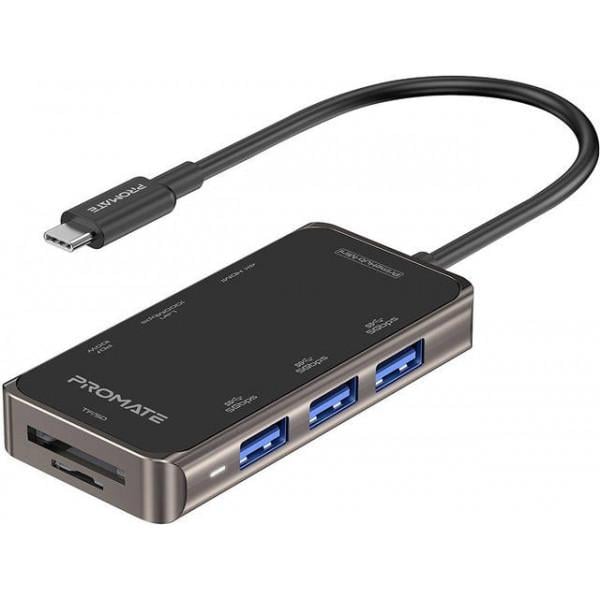 USB-C хаб 8в1 Promate PrimeHub-Mini USB-C PD/HDMI/3xUSB 3.0/RJ45/SD/MicroSD Grey