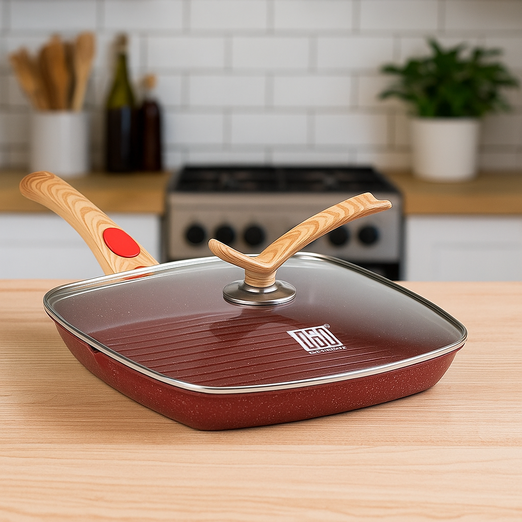 Пательня гриль квадратна MGC сковорода з кришкою та знімною ручкою антипригарна 28×28 см - фото 4 Пательня гриль квадратна MGC сковорода з кришкою та знімною ручкою антипригарна 28×28 см - фото 4