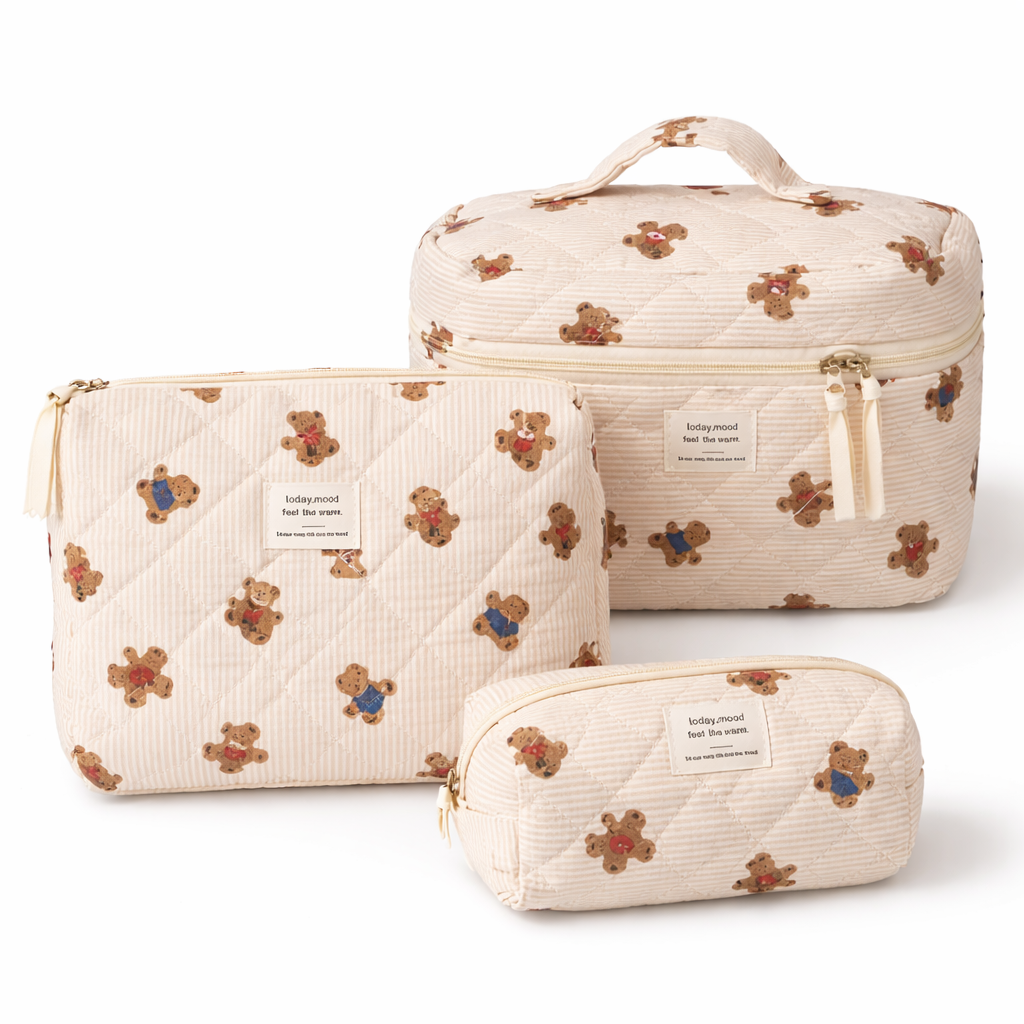 Набор косметичек дорожных Мишки в полоску текстильные стеганные 3 шт. Бежевый (33549778)
