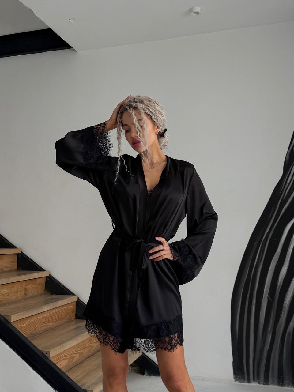 Халат женский шелковый с кружевом Чернный (2533884022) - фото 1