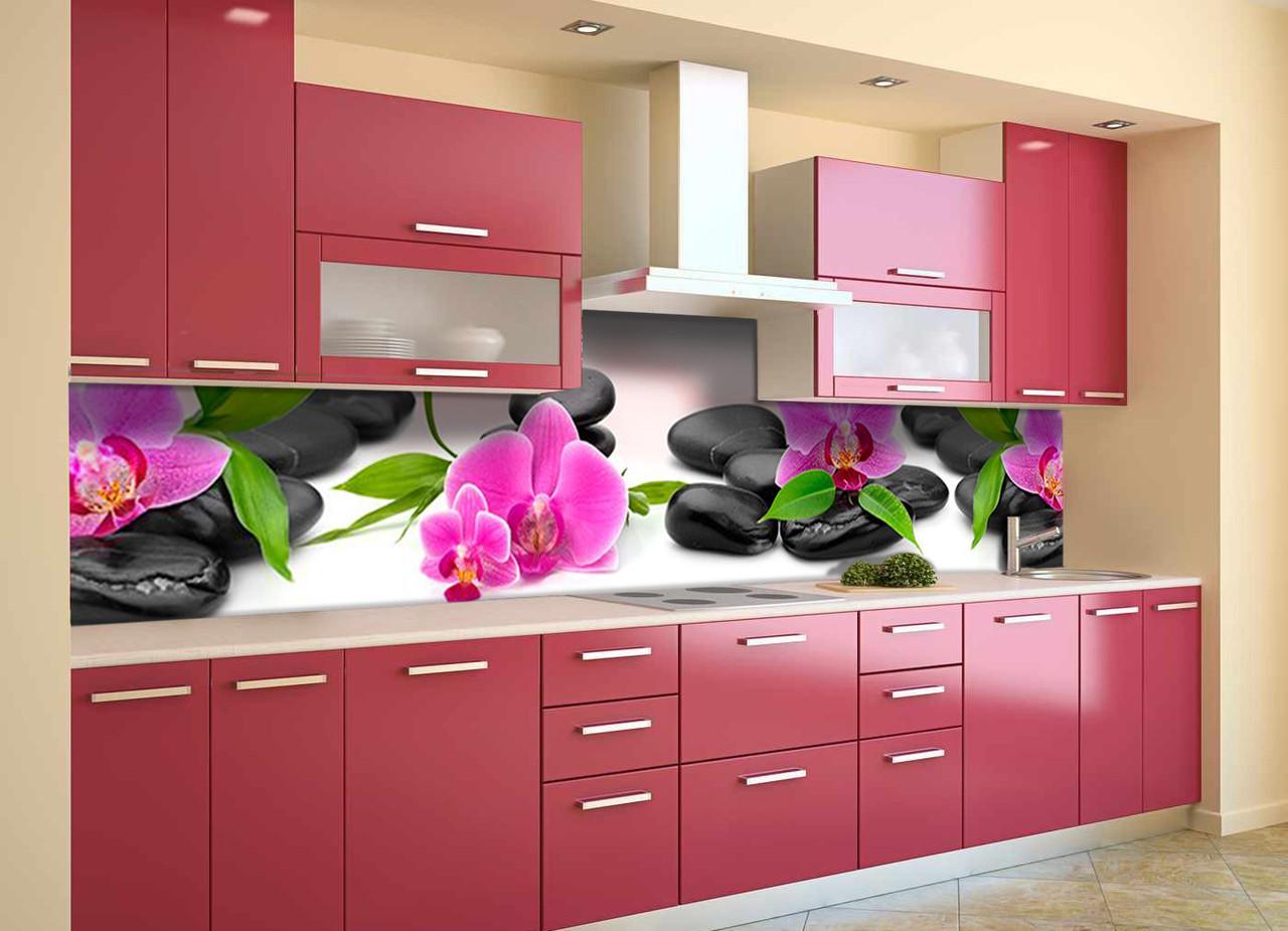 Кухонный фартук Яркие орхидеи на гладких камнях с самоклеющейся виниловой пленки 60х250 см Розовый