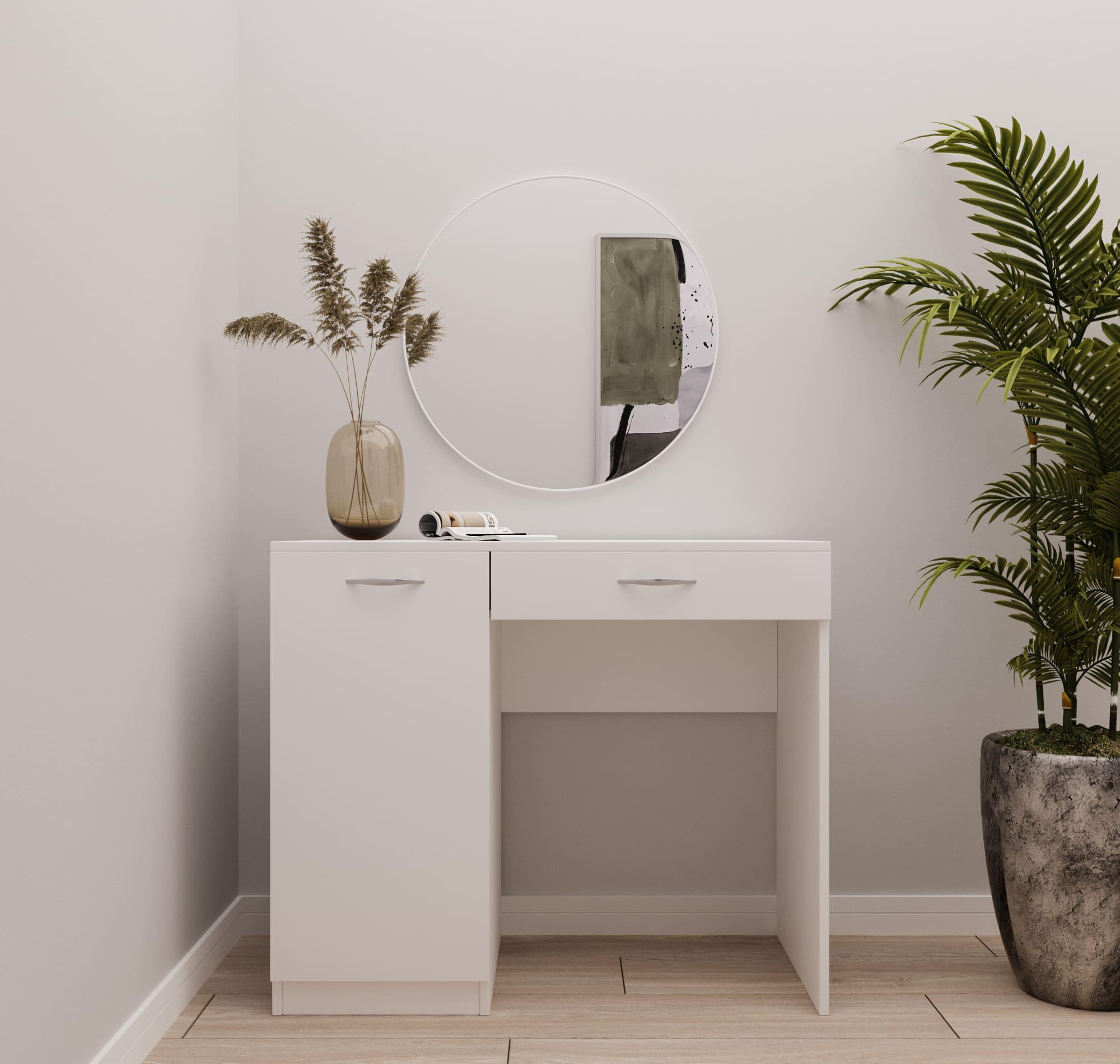 Туалетный столик с ручками и круглым зеркалом 750х900х450 мм Белый Туалетный столик с ручками и круглым зеркалом 750х900х450 мм Белый