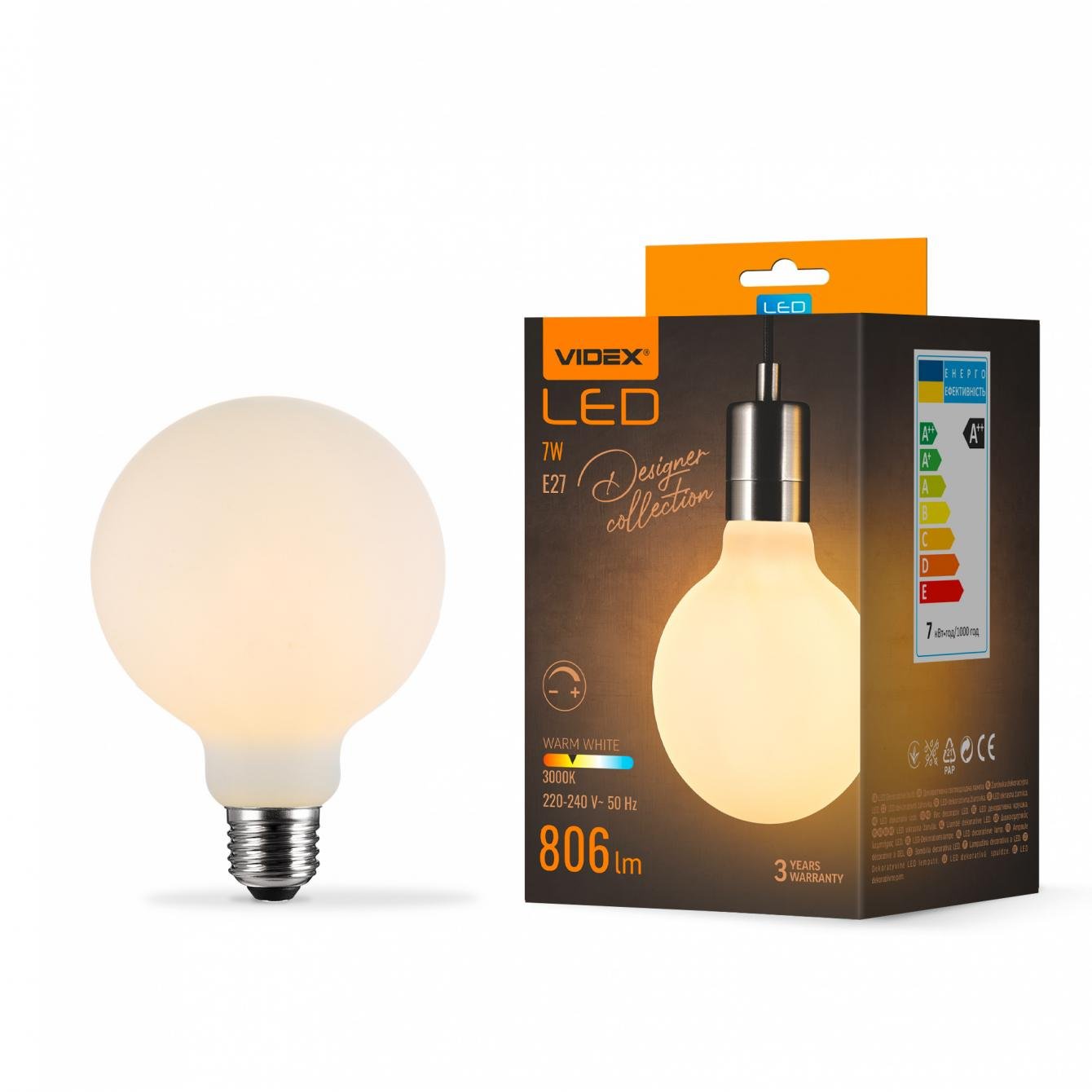 Лампа LED Videx Filament VL-DG80MO 7W E27 3000K Porcelain dimmable (15447017)