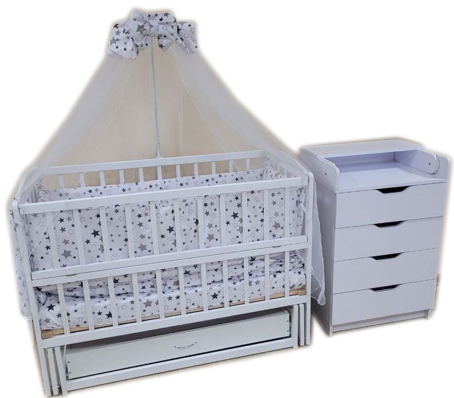 Комплект комод Карапуз/кроватка маятник Малыш без ящика/матрас Кокос/постельный набор Белый