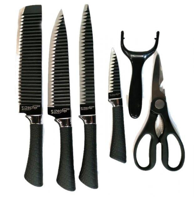 Набір кухонних ножів Zepter ZP-007 з ребристою поверхнею 6в1 Чорний