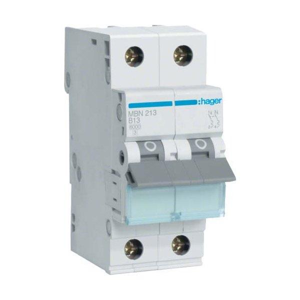Автоматичний вимикач Hager 2 полюси 6 kA тип B 13A MBN213 (74228)