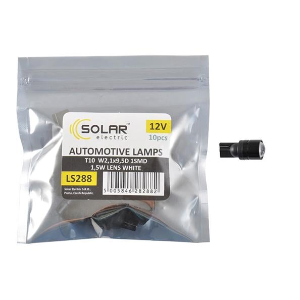 Автолампа LED Solar 12V T10 W2,1x9,5d 1SMD 1,5W with lens 10 шт. (LS288_P)