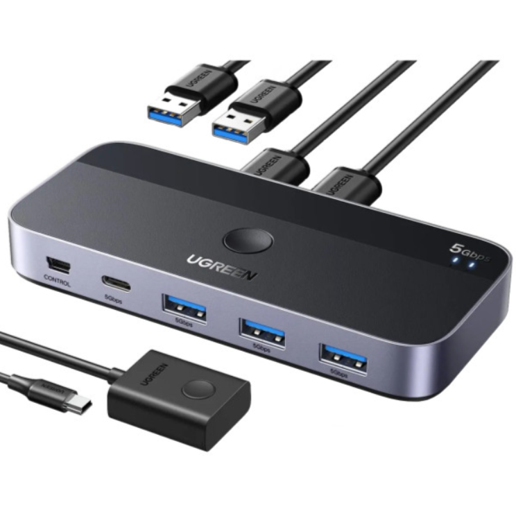 Свеч KVM Ugreen CM662 2in-4out с дополнительным питанием и пультом управления 4хUSB 3.0 Black/Grey (15705)