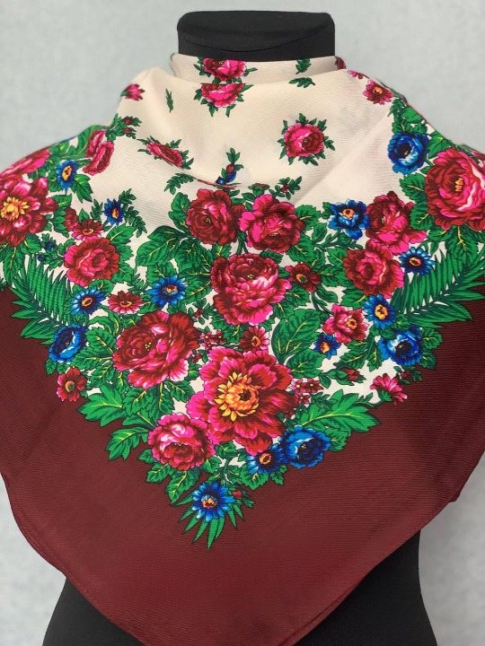 Платок шерстяной Букет цветов 80x80 см Бордовый (29439531)