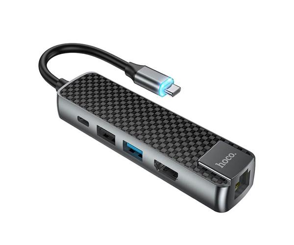 Хаб USB Hoco HB23 Type-C HDTV/USB3.0/USB2.0/RJ45 Ethernet/Type-C PD60W Gray
